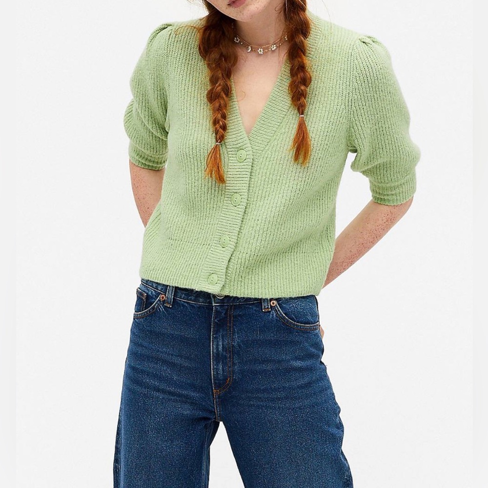 MONKI Light Green Sage Puffy Sleeve Button Down Knit Top